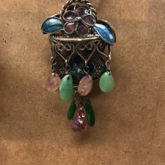 Antique art deco chinese silver tone tourmaline and jade enamel earrings - Picture 6 of 7